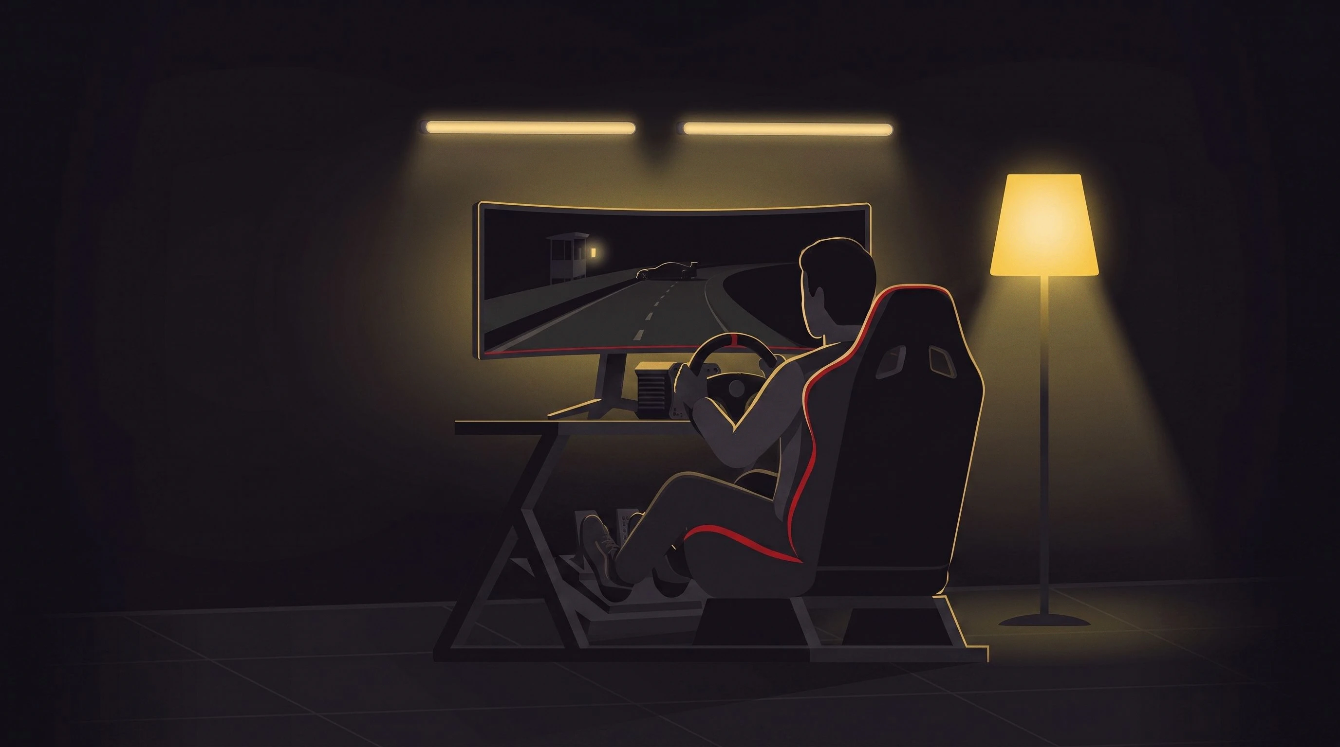 A sim racing rig with its Hue lights glowing yellow