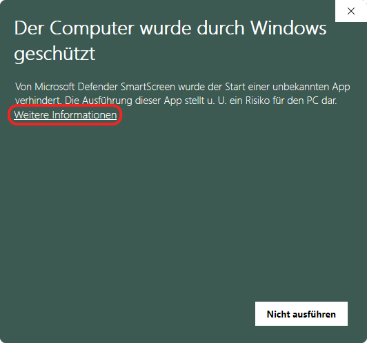 SmartScreen-Warnung, der Link „Weitere Informationen“ ist rot markiert