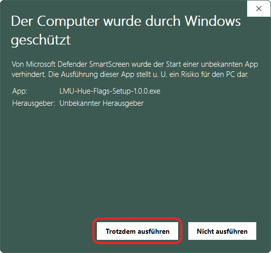 SmartScreen-Warnung, der Button „Trotzdem ausführen“ ist rot markiert