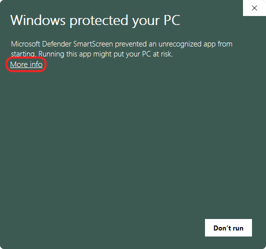SmartScreen warning with the “More info” link circled in red