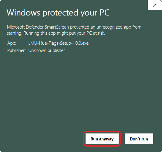 SmartScreen warning with the “Run anyway” button circled in red