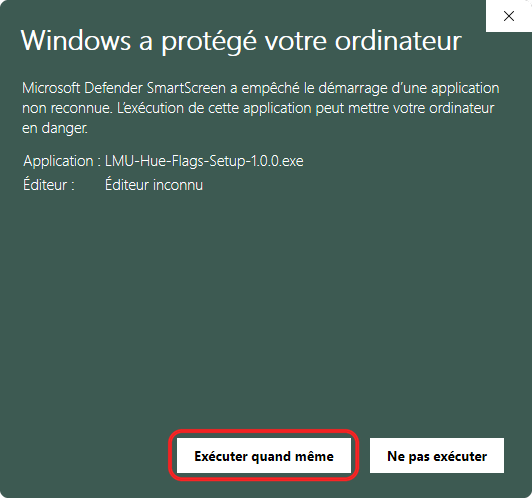 Avertissement SmartScreen, le bouton « Exécuter quand même » est entouré en rouge